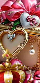 Gold box with pink ribbons and heart decorations.