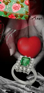 Elegant wallpaper with hands holding heart and gemstone ring.