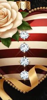 Striped heart with rose and diamonds mobile wallpaper.