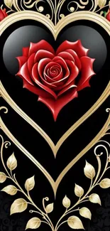 Black heart with red roses and golden decor.