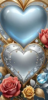 Elegant heart and roses mobile wallpaper.