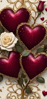 Luxurious wallpaper with heart and rose patterns.