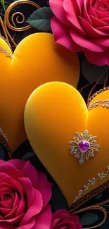 Golden hearts with pink roses and jewels on a mobile wallpaper.
