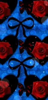 Romantic wallpaper with red roses and black hearts on a blue background.