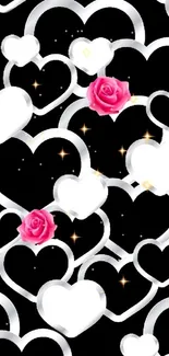 Mobile wallpaper with white hearts and pink roses on black background.