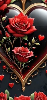 Heart and red roses with gold trim, artistic wallpaper.