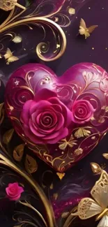 Heart and roses with golden accents and butterflies on a purple background.