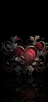 Intricate ornate heart with roses on black background.