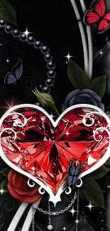 Red heart and roses with butterflies wallpaper.