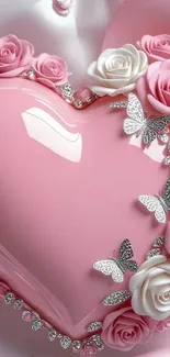 Pink heart with roses and silver butterflies wallpaper.