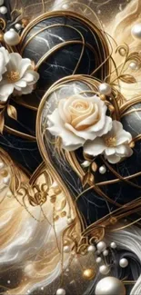Elegant wallpaper with hearts, roses, and gold accents.