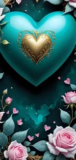 Turquoise heart with gold detail surrounded by pink roses.