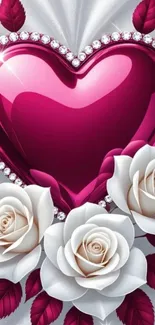 Glossy heart with roses and red leaves design mobile wallpaper.
