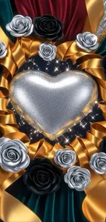 Elegant silver heart with roses and ribbons wallpaper.