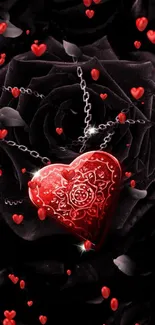 Red heart pendant with black roses wallpaper.