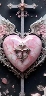 Elegant heart with wings mobile wallpaper in pink hues.