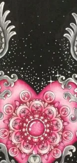 Pink heart with wings on a starry black background.