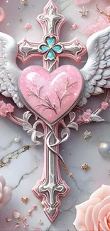 Elegant heart and wings wallpaper with pink floral accents.