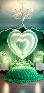 Luxurious heart-themed green bedroom wallpaper design with glowing chandelier.