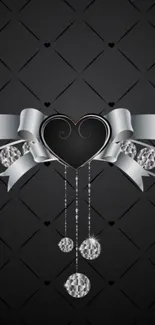 Elegant black wallpaper with heart and silver ribbon design.