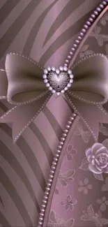 Elegant wallpaper with a heart bow and floral design in purple tones.