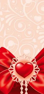 Red heart with decorative bow mobile wallpaper.