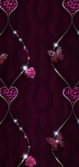 Elegant wallpaper with hearts and butterflies on a burgundy background.