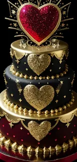 Elegant cake with red and gold heart decorations.