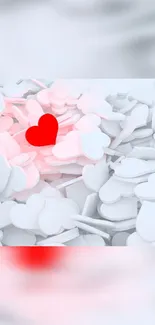 A red heart stands out against a background of white hearts on this mobile wallpaper.