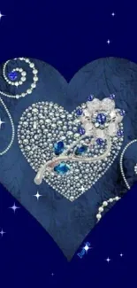 Elegant heart-shaped crystal wallpaper with deep blue color scheme.