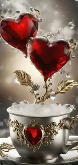 Ornate silver teacup with red heart decorations and crystals.