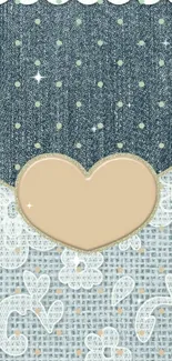 Elegant heart with denim and lace pattern on wallpaper.