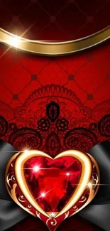 Luxurious red heart with gold ornate design on mobile wallpaper.