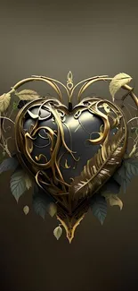 Elegant heart with gold leaves on dark background.