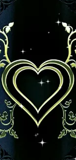 Elegant wallpaper with glowing heart and floral design on a dark background.