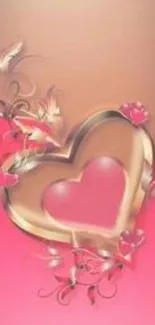 Elegant pink and gold heart mobile wallpaper with floral accents.