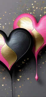 Black and pink hearts with gold accents on a gray background.