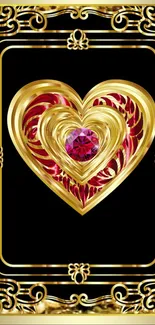 Intricate gold heart design with red jewel on black background.
