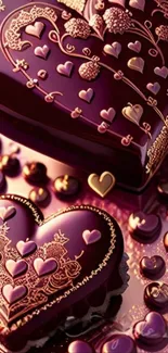 Elegant purple and gold heart design on wallpaper