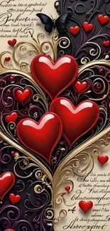 Elegant mobile wallpaper with hearts and swirls.