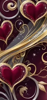 Decorative wallpaper with gold and burgundy hearts.