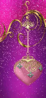 Elegant pink heart ornament with gold swirls on a purple background.