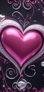 Pink heart with silver ornate design on black background wallpaper