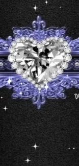 Elegant heart-shaped diamond on black background with purple accents.