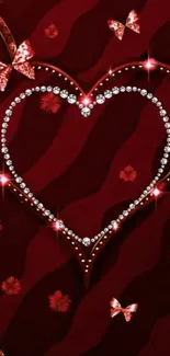 Diamond heart with butterflies on red background wallpaper.