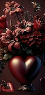Heart-shaped vase with vibrant flowers in a romantic arrangement.