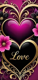 Romantic heart and floral mobile wallpaper design in violet and gold.