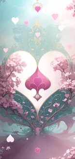 Elegant heart and floral mobile wallpaper with cherry blossoms.