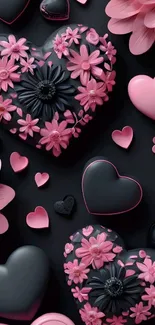 Elegant mobile wallpaper with pink and black heart floral design.