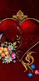 Intricate heart with flowers and butterflies on dark red background.